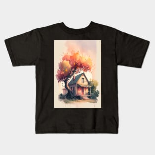 Whimsical Cottage with Peach Tree Watercolor Print Kids T-Shirt